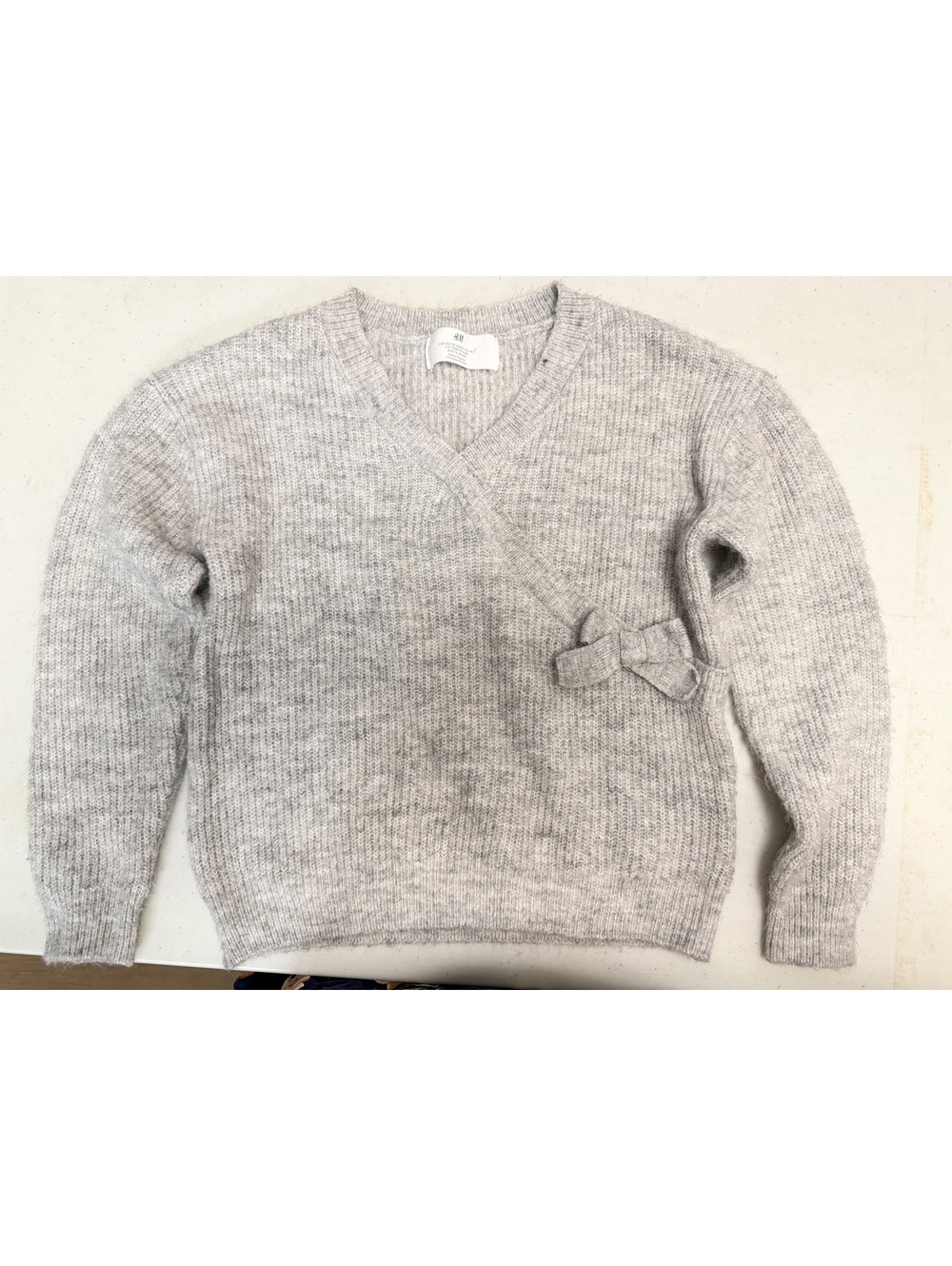 H&M Girls Gray Knit Sweater with Side Bow, Size 7-8 Years